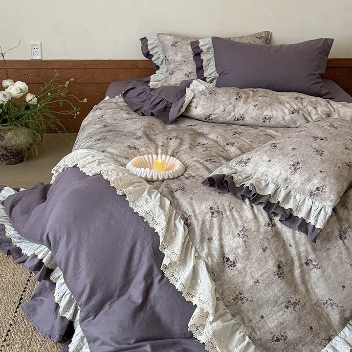 Reversible Floral-Print Ruffled Duvet Cover Set with Eyelet Lace Trim and Matching Shams