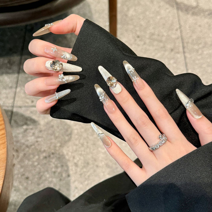 Glamorous Stiletto Press-On Nails with Rhinestone and Metallic Accents