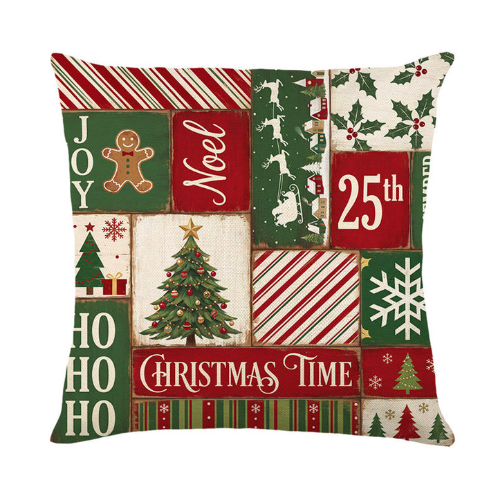 Festive Cotton-Linen Square Throw Pillow Cover with Holiday Plaid Numeral Graphic and Hidden Zipper