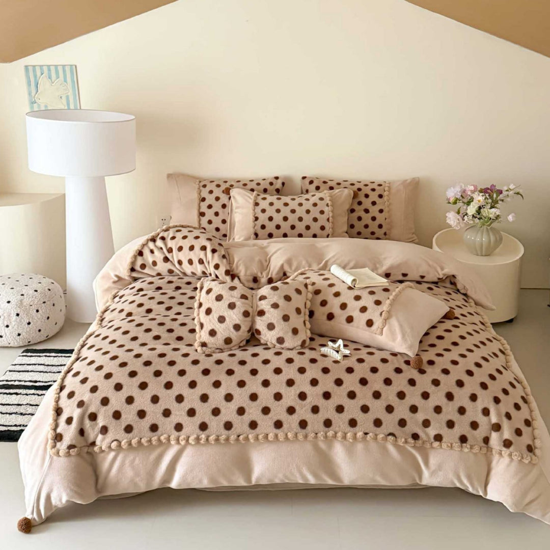Polka Dot Plush Reversible Duvet Comforter Set with Pom-Pom Trim and Bolster Pillows