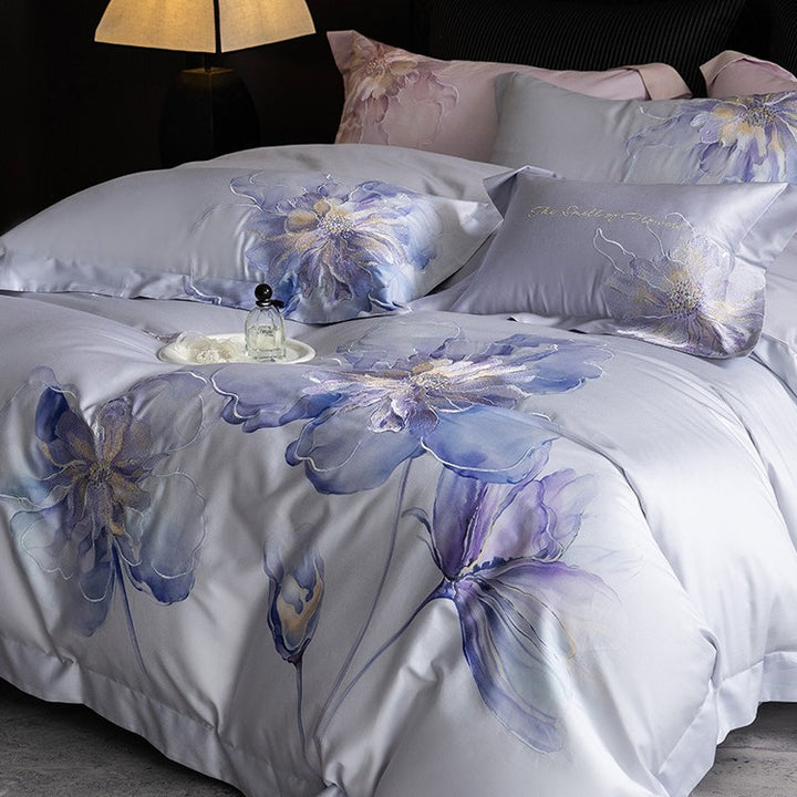 Silky Sateen Hydrangea-Print Duvet Cover Set with Reversible Back and Decorative Shams