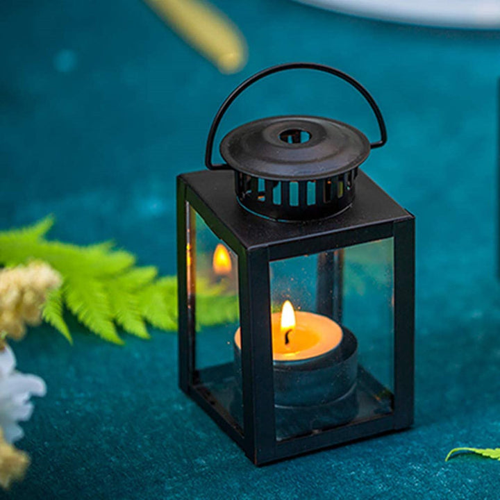 Mini Metal Tea Light Lantern with Glass Panels and Foldable Carry Handle Stornfield