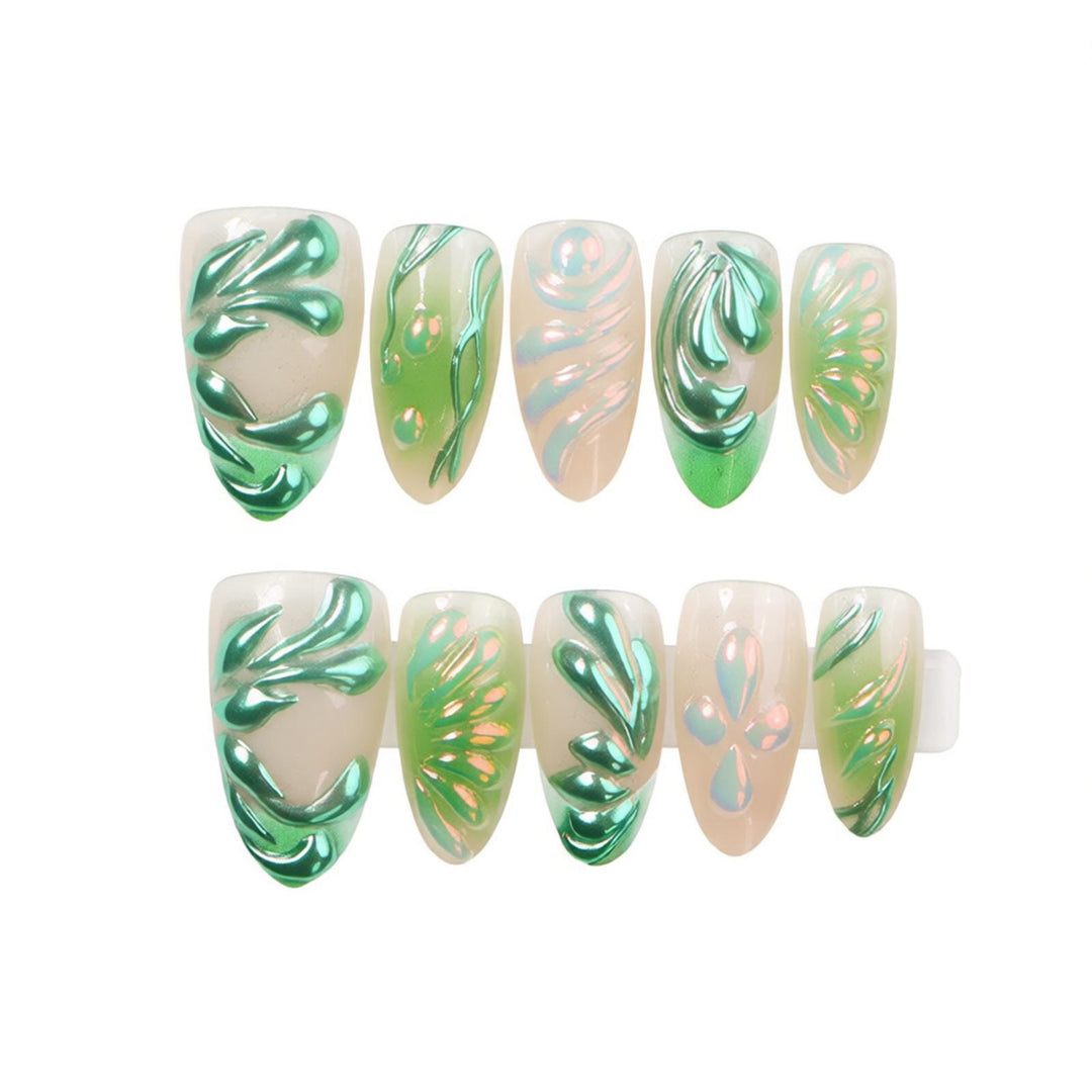 Artistic Press-On Nail Set with Leaf Design Stornfield