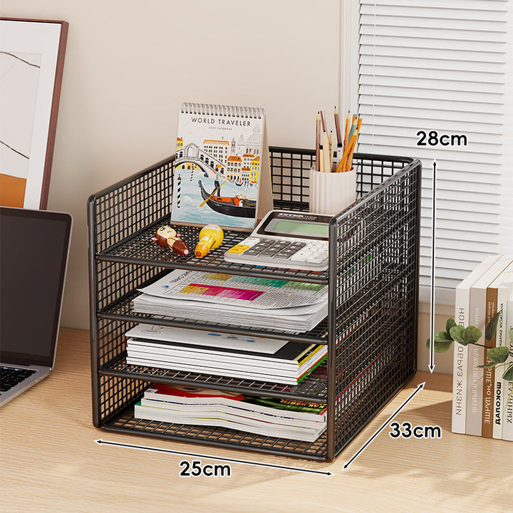 Ventilated Mesh Three-Tier Desktop Document and Magazine Organizer Rack