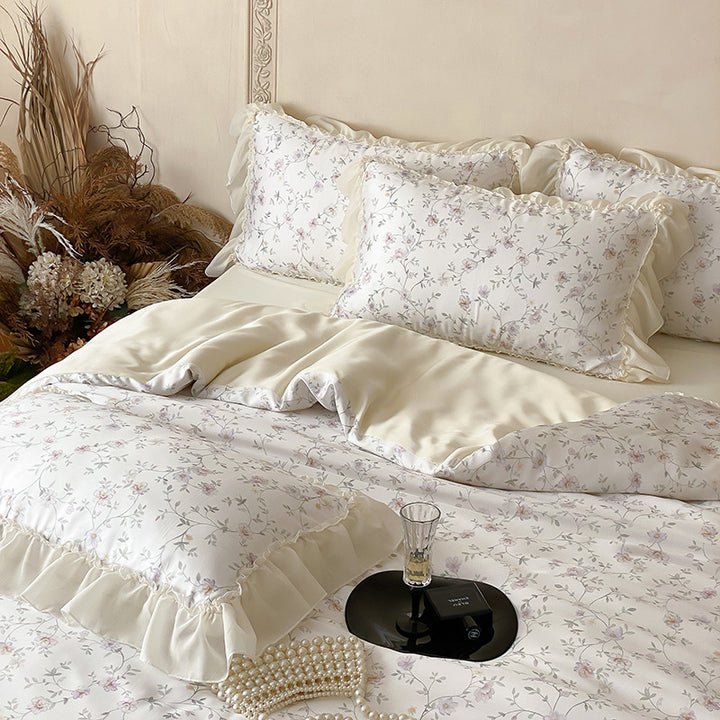 Luxury Floral Satin Bedding Set with Ruffled Edge