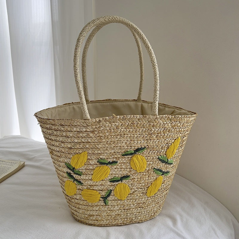 Handmade straw bag with colorful lemon motif Stornfield