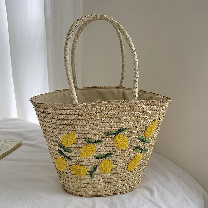 Handmade straw bag with colorful lemon motif Stornfield