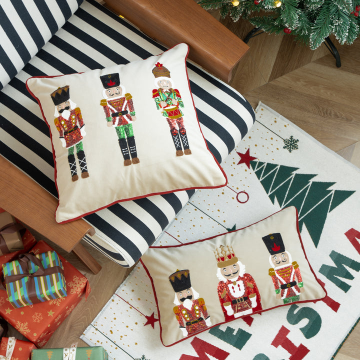 Christmas decorative pillow with nutcracker embroidery and piping edge