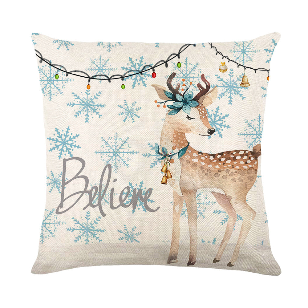 Square Cotton-Linen Holiday Deer 'Believe' Decorative Pillow Cover with Concealed Zipper