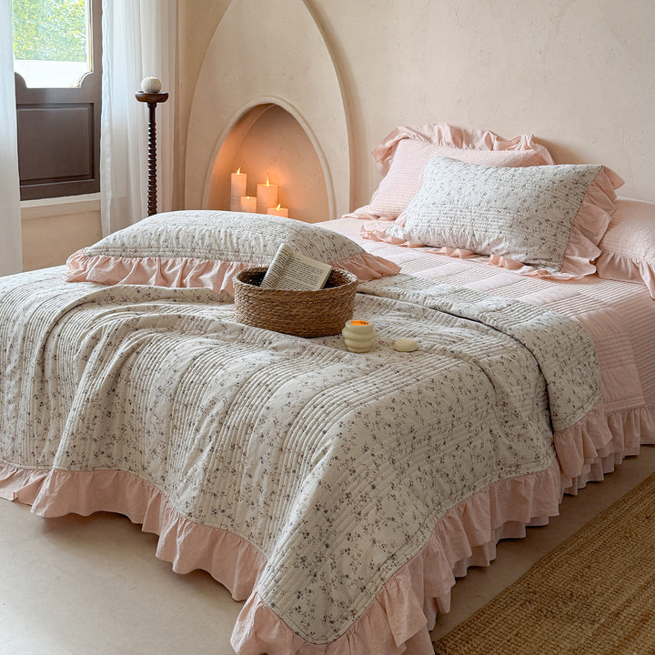 Quilted Floral-Print Cotton Ruffle Bedspread Set