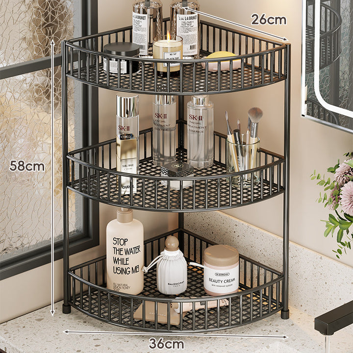 Corner Space-Saving Three-Tier Ventilated Mesh Storage Rack for Bathroom and Vanity