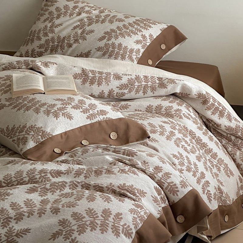Cotton-Linen Blend Jacquard Duvet Cover Set with Botanical Leaf Motif and Button-Closure Hem