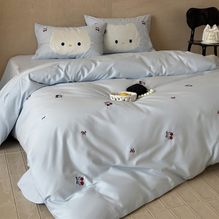 Embroidered Cherry Duvet Cover Set with Appliqué Face Pillow Shams