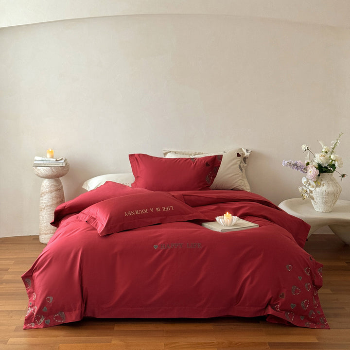 Cotton-Sateen Duvet Cover Bedding Set with Embroidered Happy Life Script and Scattered Heart Motif