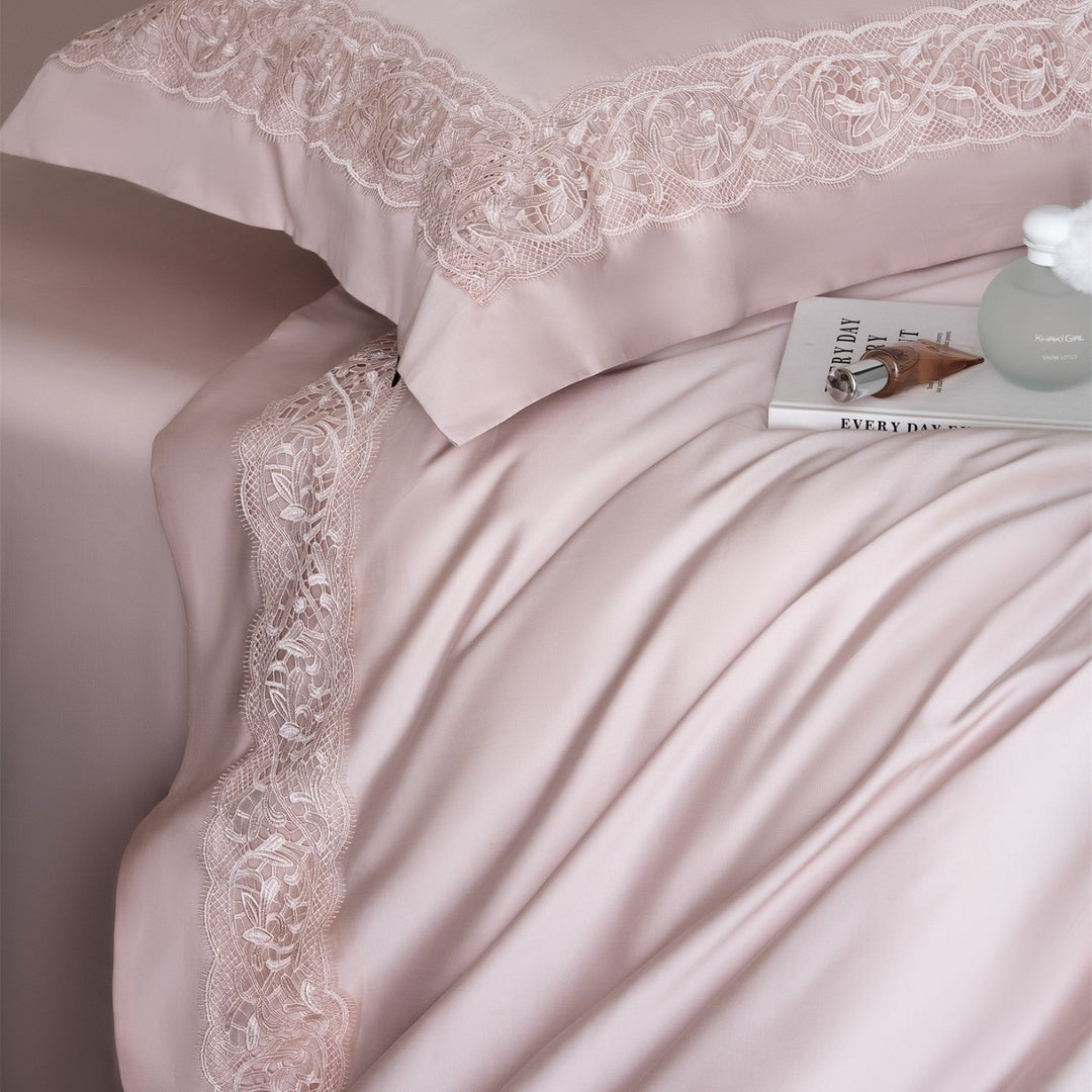 Silky Charmeuse Lace-Trim Duvet Cover Set with Concealed Closure and Matching Shams