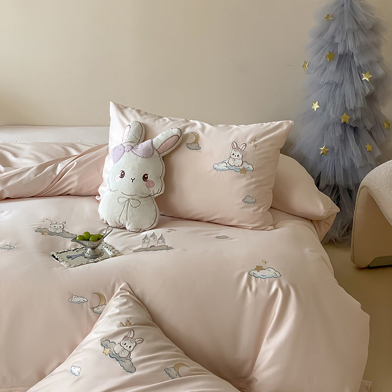 Premium Embroidered Cotton Duvet Cover Set with Plush Bunny Motif