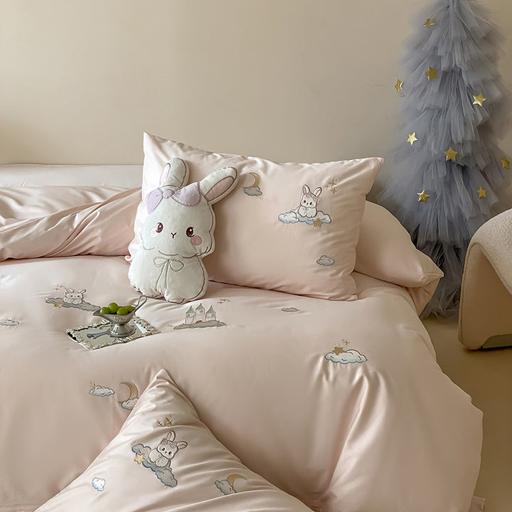 Premium Embroidered Cotton Duvet Cover Set with Plush Bunny Motif