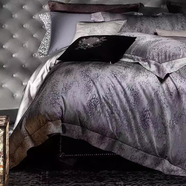 Luxury Satin-Feel Reversible Marble-Texture Duvet Cover Set with Embroidered Accent Pillow