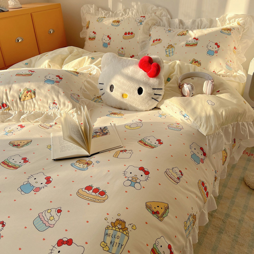 Cartoon Plaid Cotton Percale Duvet Cover Set with Ruffled Sham and Reversible Back