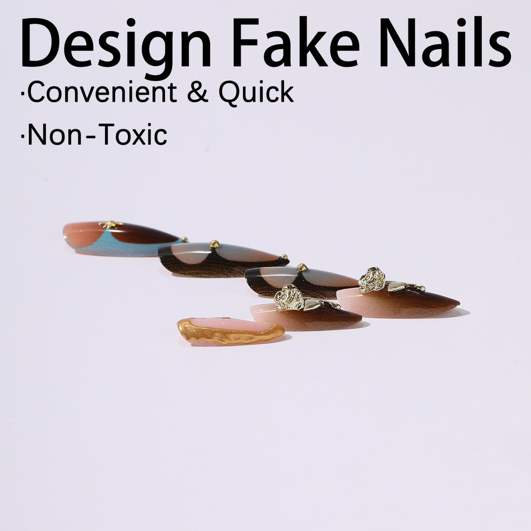 Artificial nail set with luxurious gold design and floral accents Stornfield