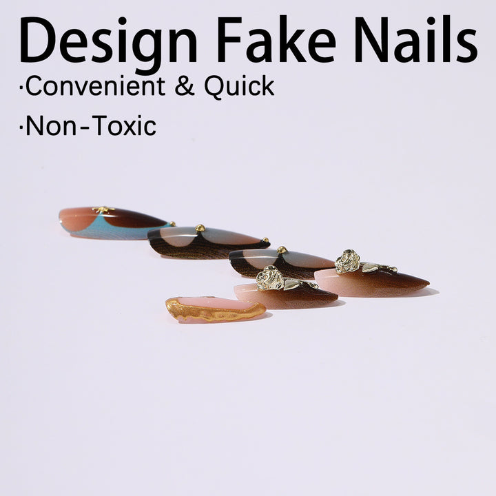 Artificial nail set with luxurious gold design and floral accents Stornfield