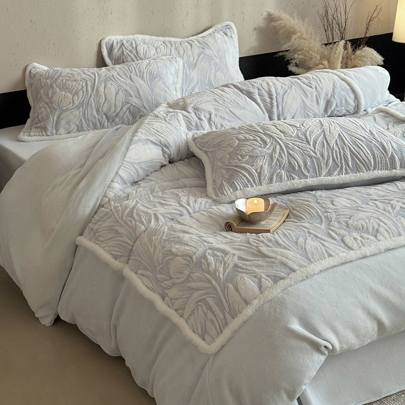 Botanical Embossed Quilted Duvet Cover Ensemble with Sherpa-Trim Reversible Throw and Euro Shams
