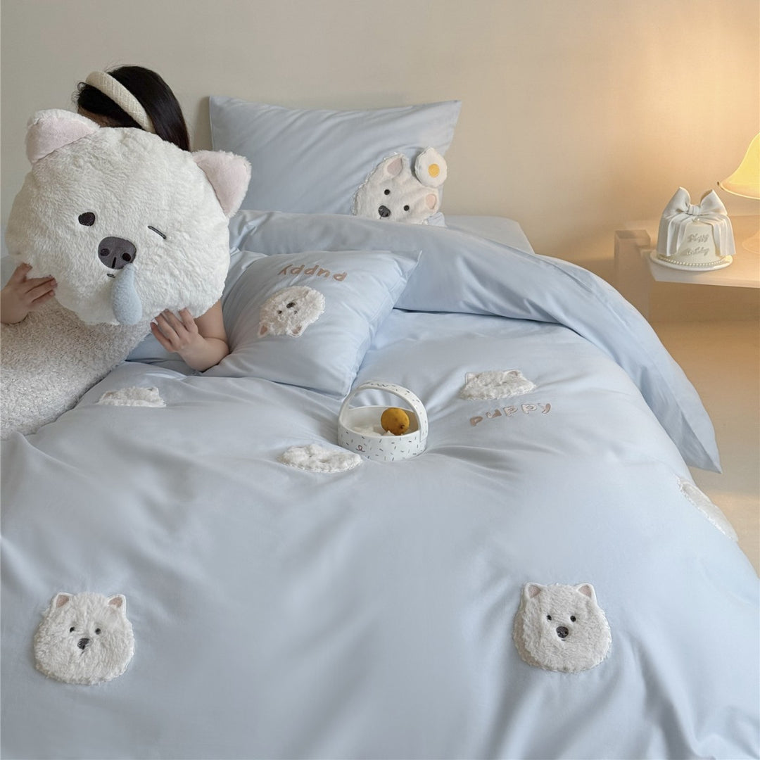 Plush Appliqué Puppy Duvet Cover Set with Cotton Sateen & Pillow Shams