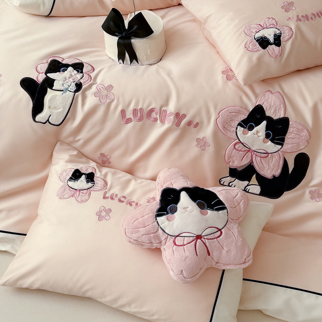 Cotton-Satin Embroidered Cat Duvet Cover Bedding Set