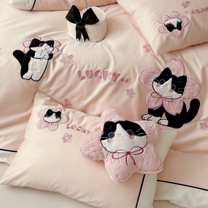 Cotton-Satin Embroidered Cat Duvet Cover Bedding Set