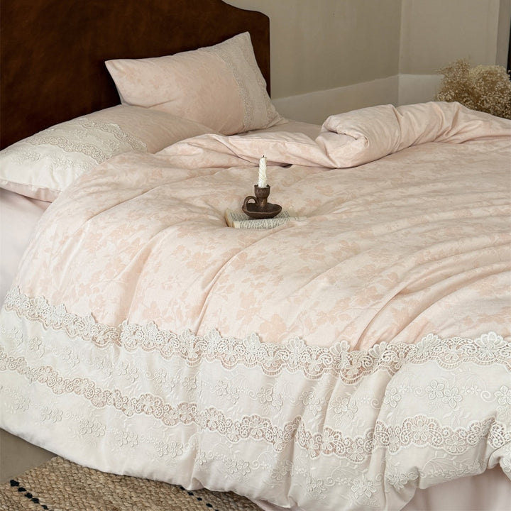 Hand-stitched Floral Jacquard Cotton Duvet Cover Set with Lace Border