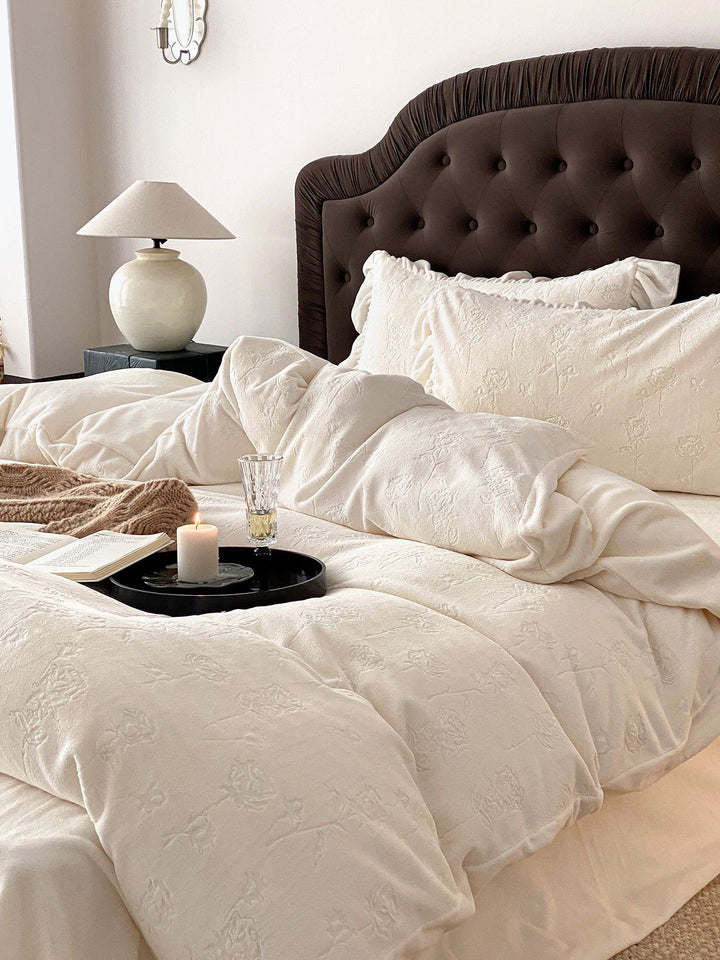 Embossed Floral Jacquard Duvet Cover Set with Ruffled Pillow Shams