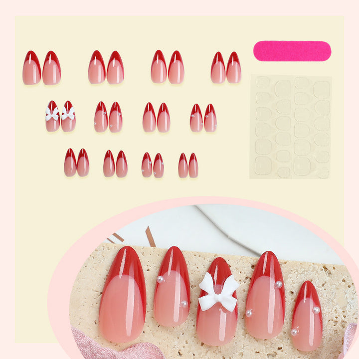 Decorative Press-On Nail Art Set with Elegant Ribbon Accents Stornfield