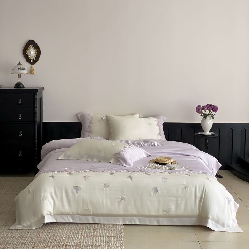 Embroidered Satin-Feel Duvet Cover Ensemble with Reversible Flat Sheet & Pillow Shams