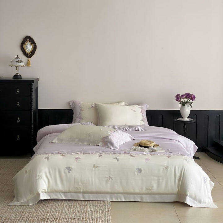 Embroidered Satin-Feel Duvet Cover Ensemble with Reversible Flat Sheet & Pillow Shams