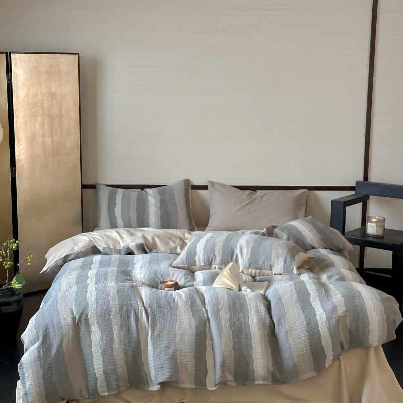 Pastel Striped Cotton-Linen Duvet Cover Set with Textured Seersucker Finish