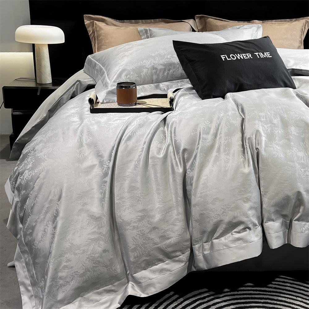 Luxurious cotton satin bedding set with jacquard relief and contrast piping