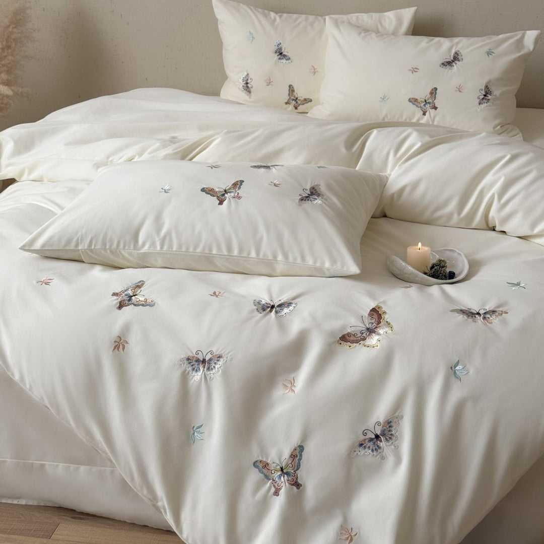 Cotton satin bedding set with fine butterfly embroidery and extra soft finish