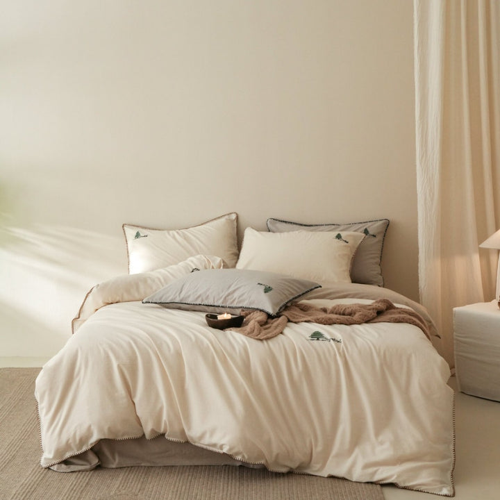 Stonewashed Cotton Duvet Cover Set with Blanket-Stitch Edge and Mini Tree Embroidery