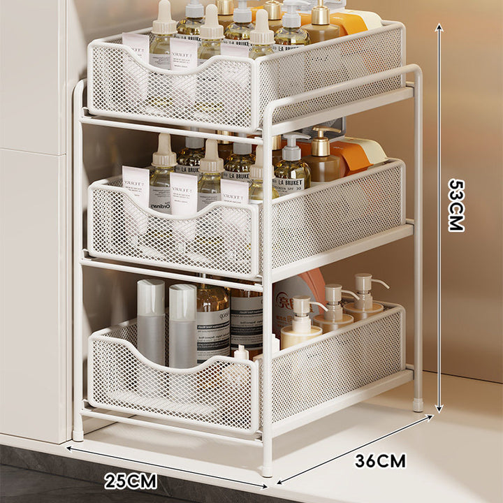 Three-Tier Sliding Mesh Drawer Cabinet Organizer for Kitchen and Bathroom
