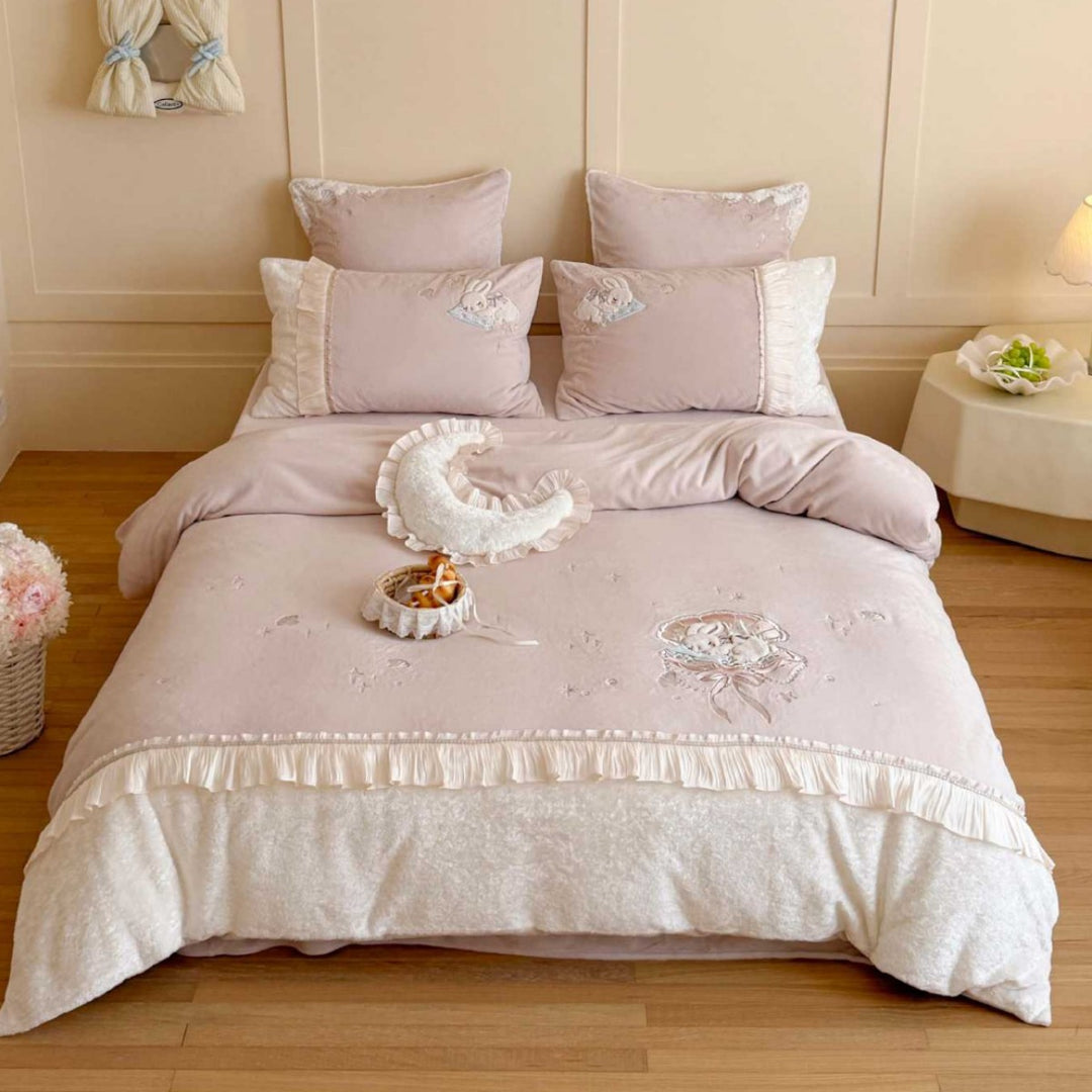 Ruffle-Trim Embroidered Bunny Duvet Ensemble with Decorative Moon Pillow & Tailored Shams