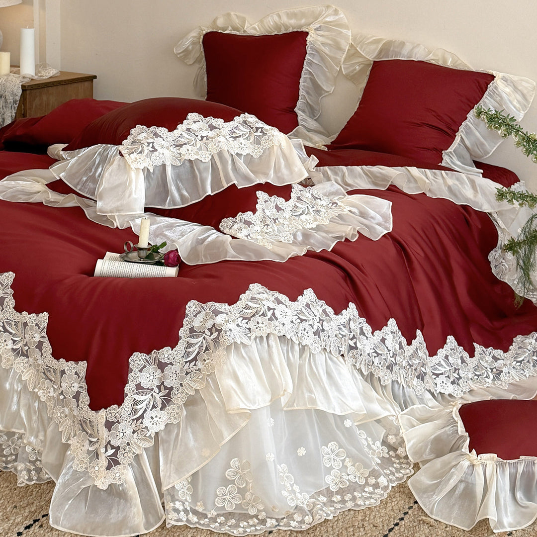 Romantic Organza-Ruffled Lace-Edge Duvet Cover Set with Frilled Pillow Shams