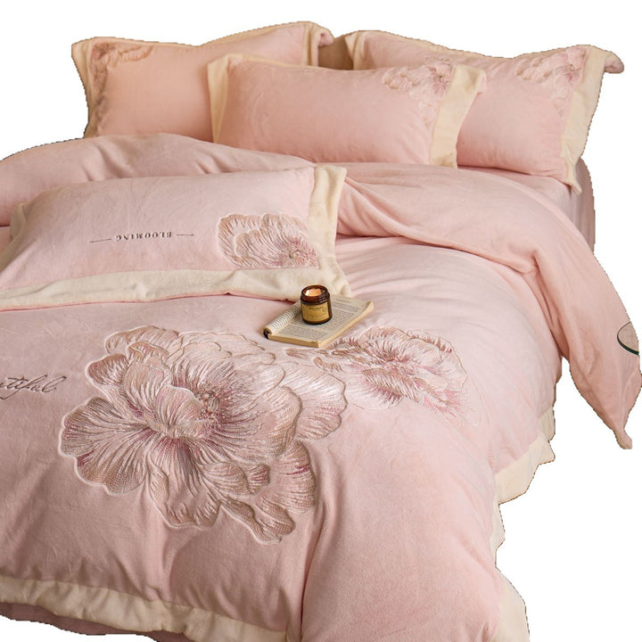 Plush Embroidered Peony Velvet Duvet Cover Ensemble