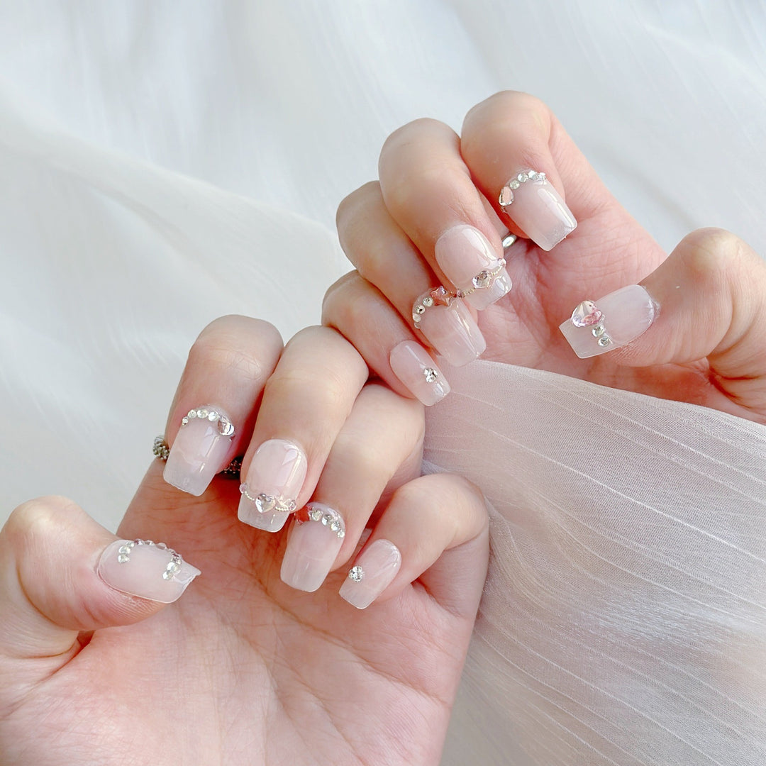 Decorative Press-On Nail Art Set with Gem and Heart Accents
