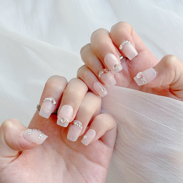 Decorative Press-On Nail Art Set with Gem and Heart Accents