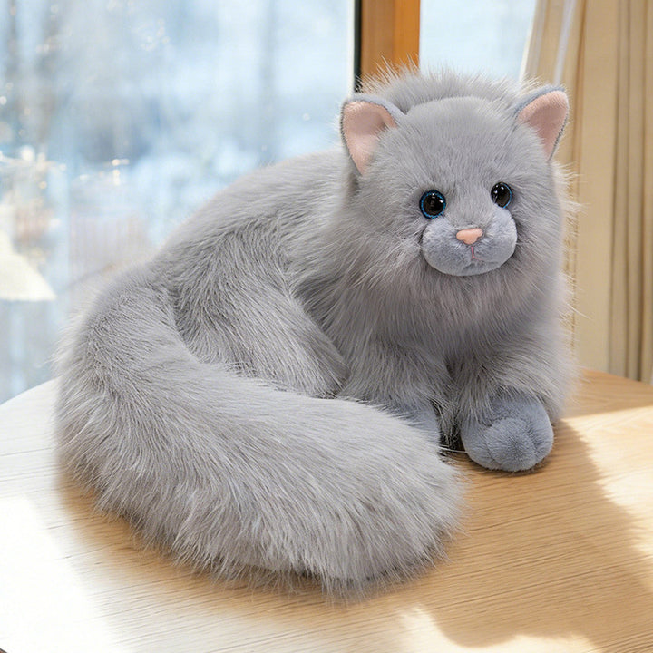 Realistic Long-Haired Plush Cat Decorative Cuddle Toy with Oversized Fluffy Tail Stornfield