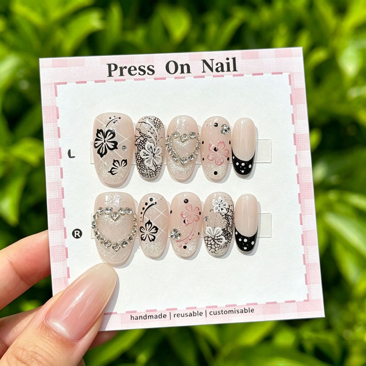 Elegant Reusable Press-On Nail Art Set with Floral Accents
