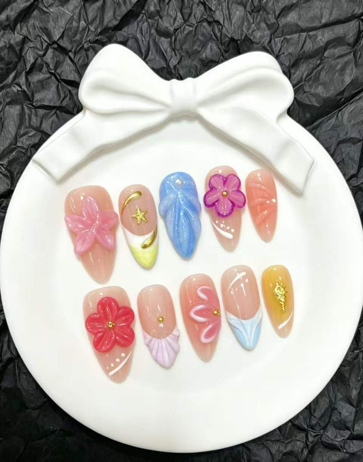 Decorative Press-On Nail Art Set with Floral and Whimsical Designs