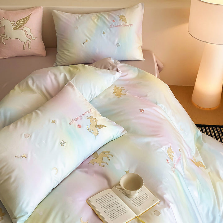 Pastel Unicorn Cotton Sateen Duvet Cover Set with Embroidered Decorative Cushion