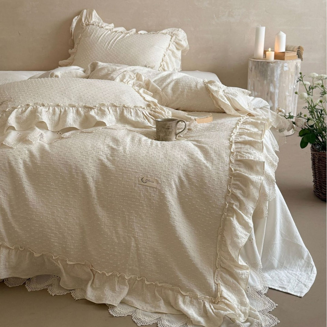 Ruffled Lace-Trim Cotton Duvet Cover Set with Decorative Pillow Shams