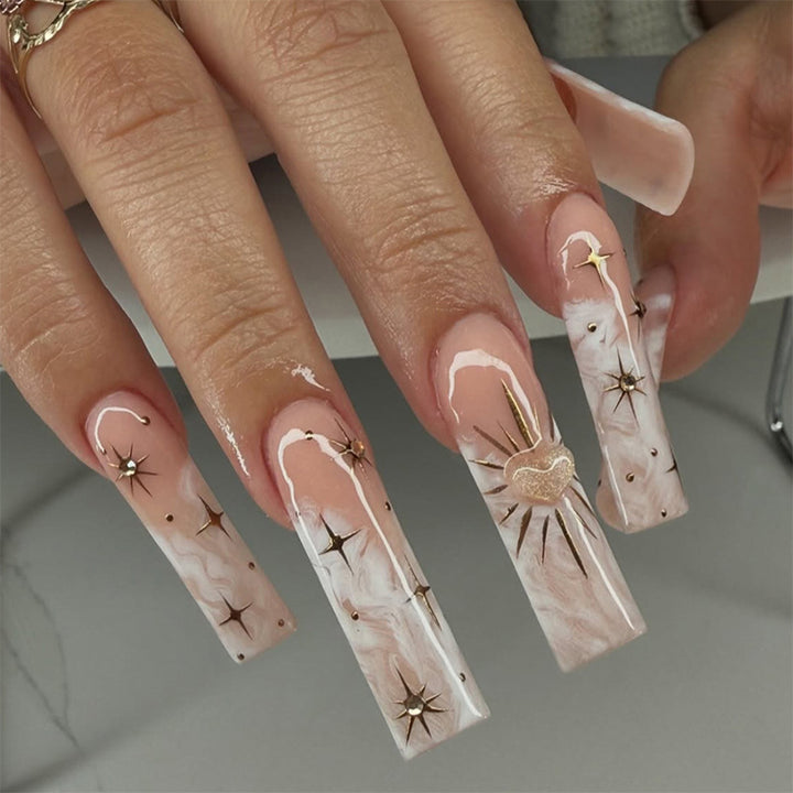 Artistic Press-On Nail Set with Floral and Gem Accents Stornfield